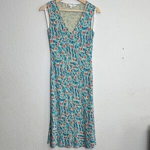 Diane von Furstenburg Blue Silk Floral Midi Sleeveless V Neck Dress Womens 4